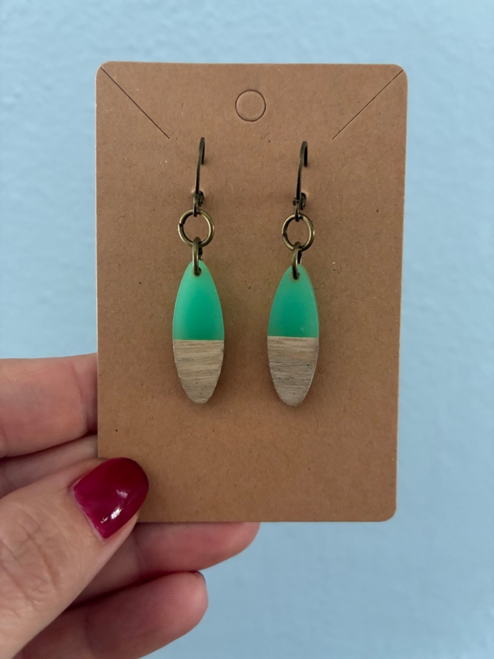 Green and Wood Drop Earrings - Women's Jewelry